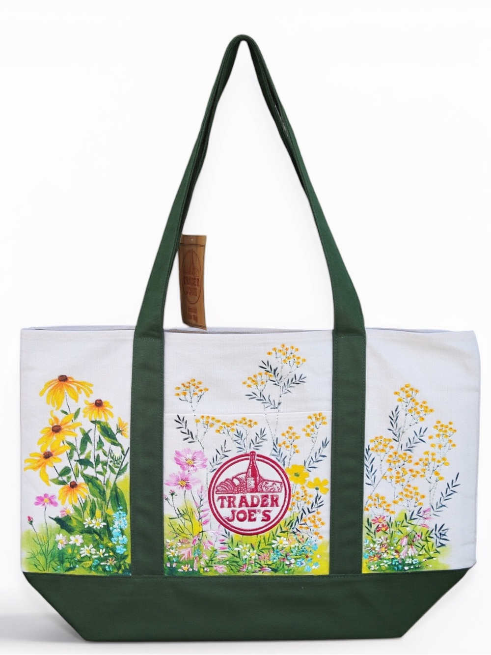 Hand Painted Trader Joe’s Wildflower Tote Bag Green Canvas Large Floral Washable